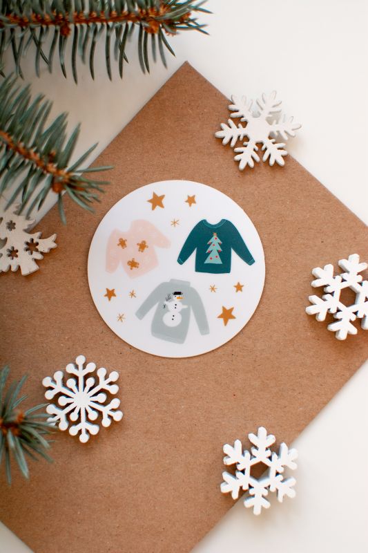 Christmas Ugly Sweaters Hand Drawn Round Waterproof Sticker, ⌀ 6 cm