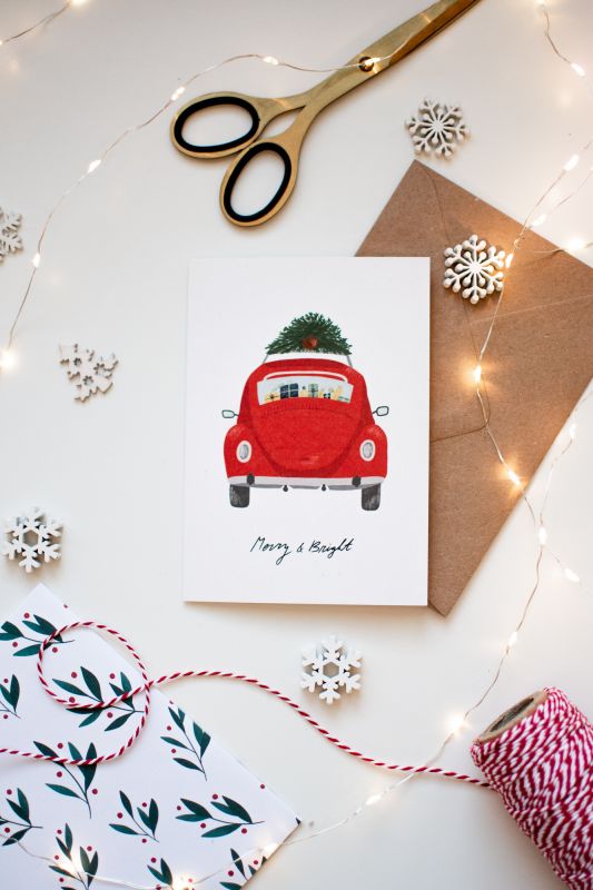 Christmas Beetle Car – Greeting Card With Envelope, A6 Recycled Paper