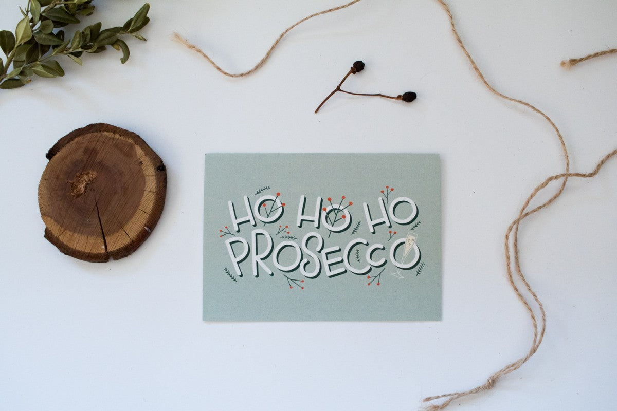 HO HO HO, Prosecco – Christmas Greeting Card With Envelope, A6 Recycled Paper